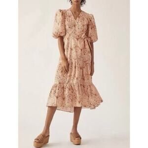 Anthropologie Hutch Tiered Wrap Dress Size Small Puff Sleeve Lined Cotton V-Neck